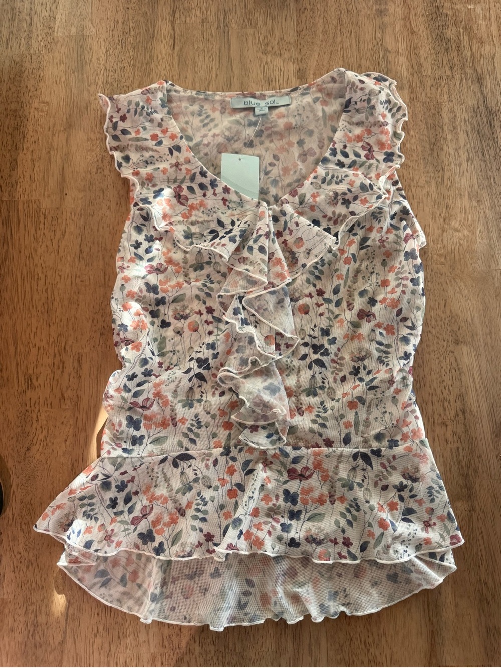 Blue Sol Floral Ruffle Sleeveless Blouse - Cream with Coral & Navy Accents